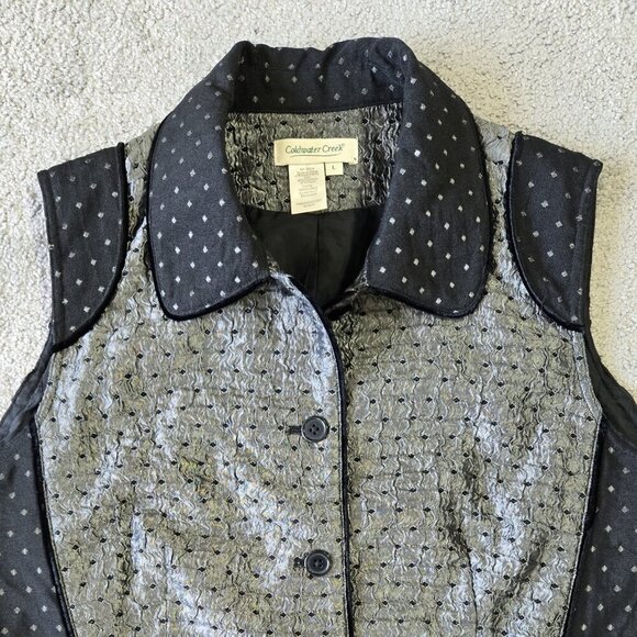 Coldwater Creek Black Gray Diamond Dot Crinkle Velvet Trim Vest Whimsical - Picture 4 of 8